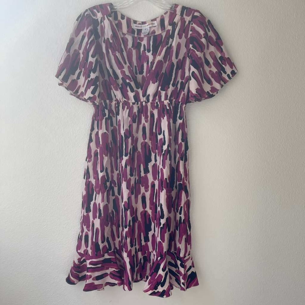 Amanda Uprichard Silk Abstract Print Midi‎ Dress Flutter Sleeve Y2k Chic Classic